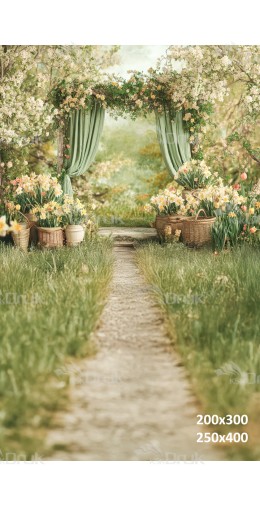 Tło fotograficzne „Wiosenna kwiatowa altana z zielonymi zasłonami i narcyzami” | E689